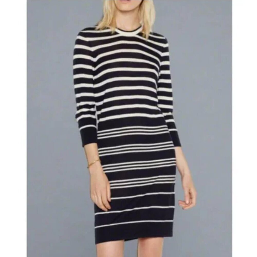 Equipment Cashmere Silk Dress Large Blue Sweater Striped Knit Short Relaxed